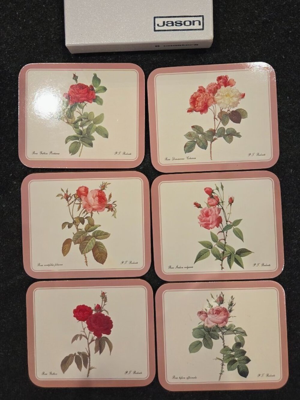 Vintage Jason New Zealand Redoute Roses Cork Backed Coasters Set of 6 Boxed